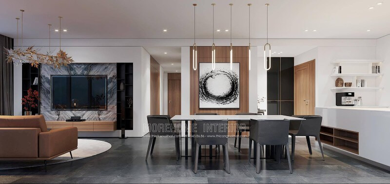 Mẫu bàn ghế ăn 6 chỗ mang đến cho gia chủ một không gian dùng bữa lãng mạn mà không kém phần ấm áp Thiết kế chung cư