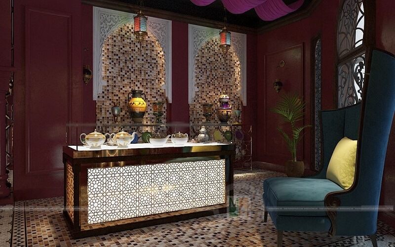 Thiết kế showroom làm đẹp Saffron ấn tượng :Các bức tường, mái vòm… được khảm nhiều loại đá màu óng ánh, kết hợp với ánh sáng từ những ngọn đèn chùm, tạo nên khung cảnh lộng lẫy .