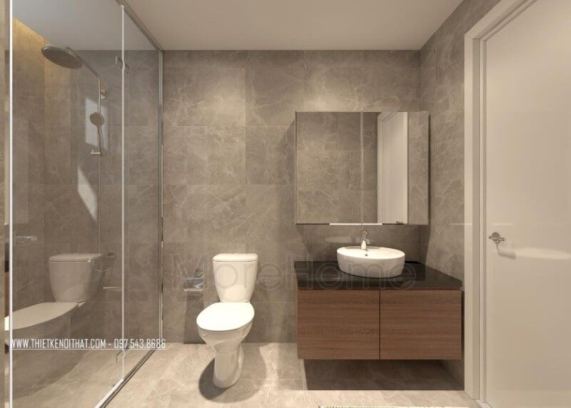 Vách kính cường lực cũng được kiến trúc sư lựa chọn vừa đảm bảo tính công năng lại tăng độ mở cho căn phòng tắm nhỏ