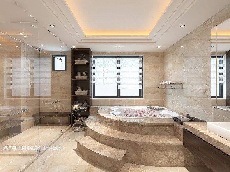 Thiết kế trần thạch cao giật cấp với hệ thống đèn âm tường cho phòng tắm hiện đại và sang trọng hơn