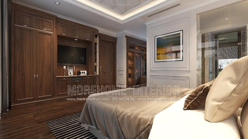 Một gợi ý mới mẻ cho bạn trong trang trí nội thất phòng ngủ với chiếc tủ quần áo được thiết kế liền kề với kệ tủ trang trí, kệ tivi.