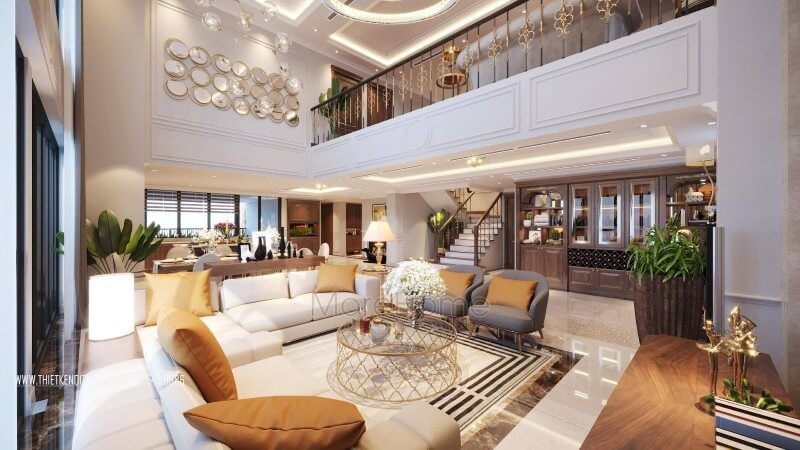 Trang trí nội thất phòng khách đẹp với đồ nội thất hiện đại, cao cấp.