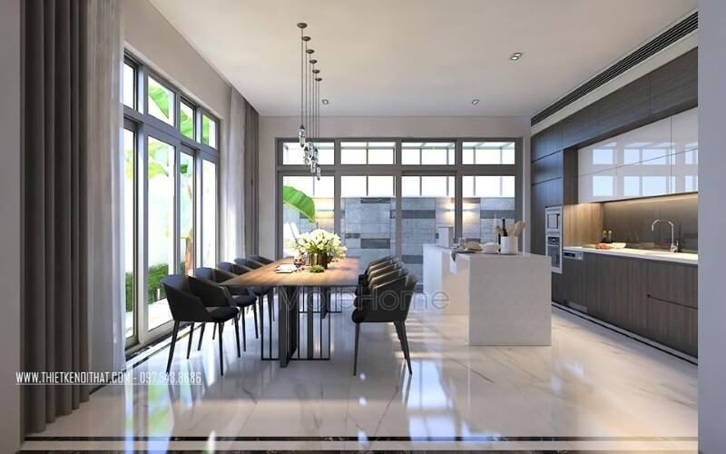 Lựa chọn cửa kính rộng, lớn để tạo nên không gian mở, trang trí nội thất phòng ăn hiện đại nhưng vẫn đẹp thông thoáng.