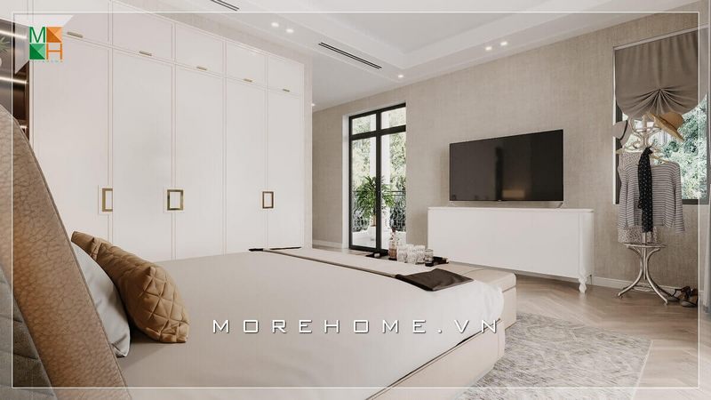 Mẫu thiết kế tủ quần áo gỗ công nghiệp acrylic kịch tường có tay cầm được mạ màu vàng tinh tế, tạo nên cảm giác sang trọng.